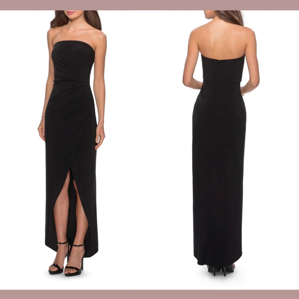 NWT $248 La Femme [ 4 ] Strapless Ruched Soft Jersey Gown in‎ Black